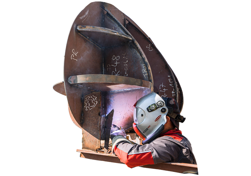 Welder is prefabricating hull section